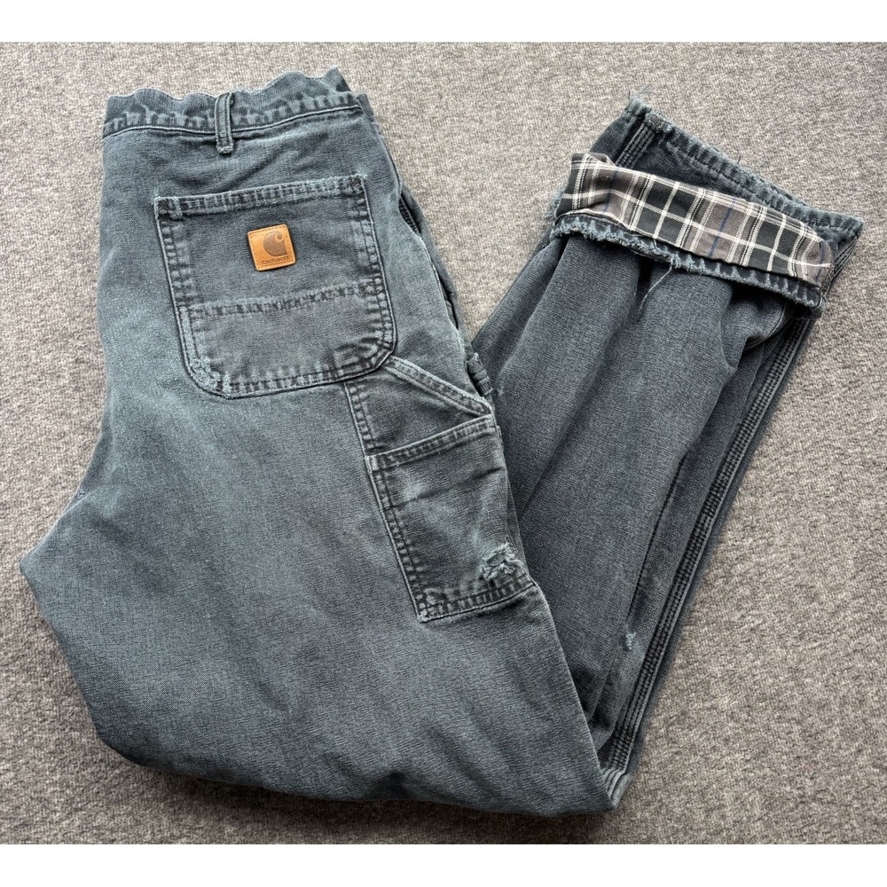 Carhartt B111 BLK Flannel Lined Dungaree Utility Pants Mens 38x34 Thrashed Grung